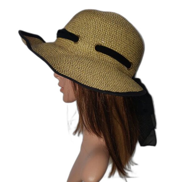 Shade Shack Tan Paper Straw Hat With Sheer Black Scarf Bow Womens Size S/M - Picture 1 of 9